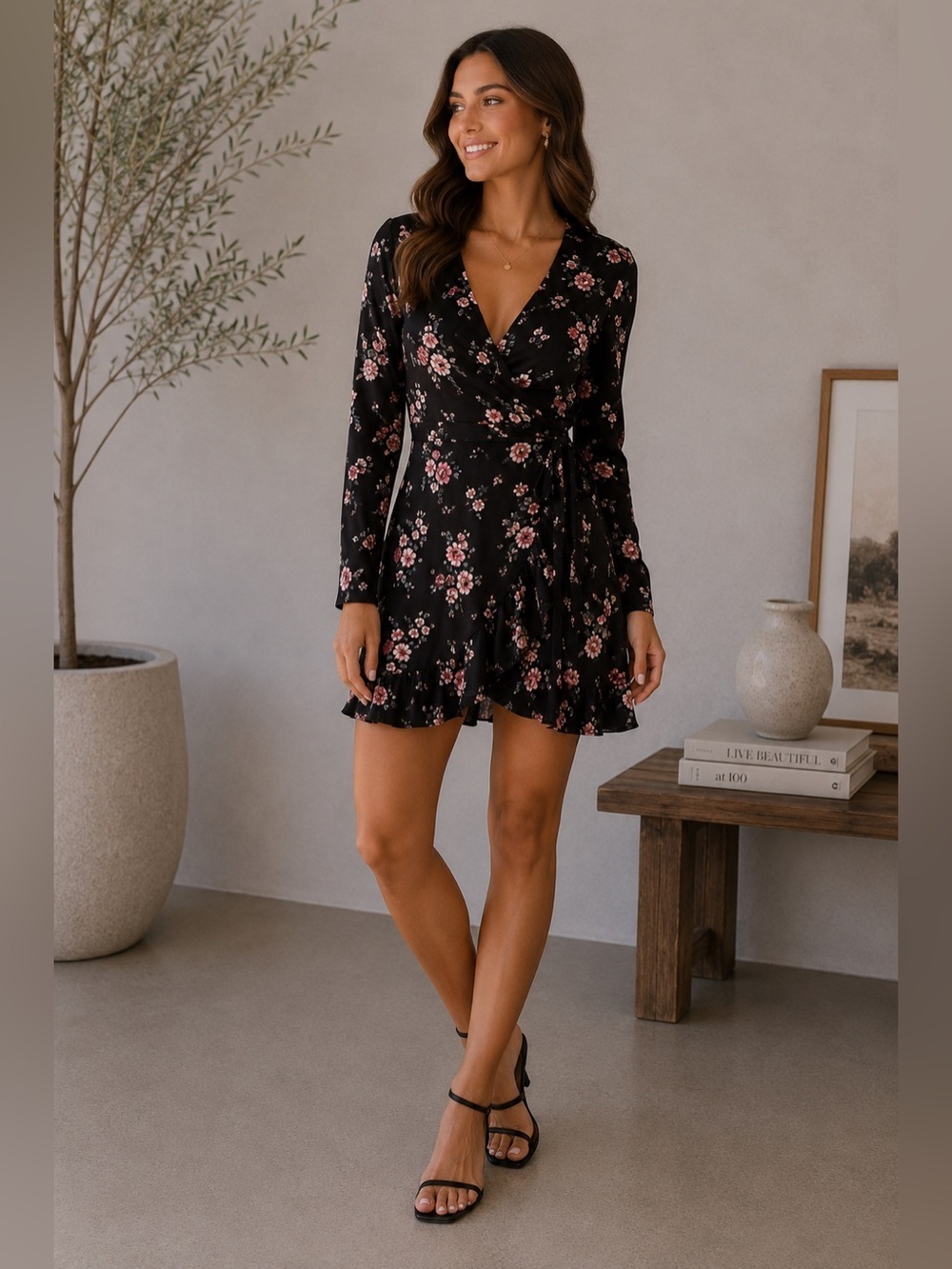 H&M Pink and Black Ruffled Floral Wrap Dress